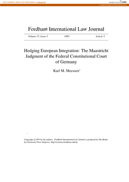 Hedging European Integration: the Maastricht Judgment of the Federal Constitutional Court of Germany