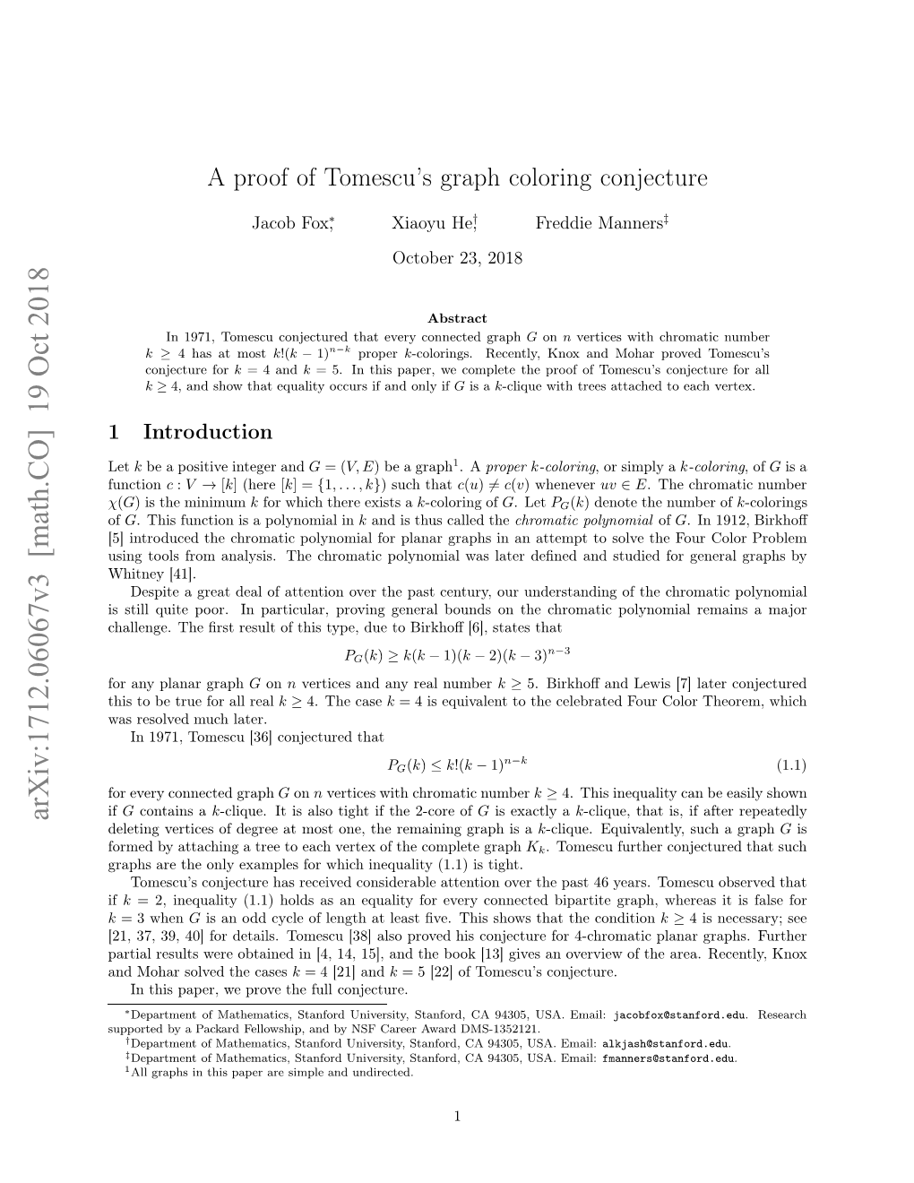 A Proof of Tomescu's Graph Coloring Conjecture