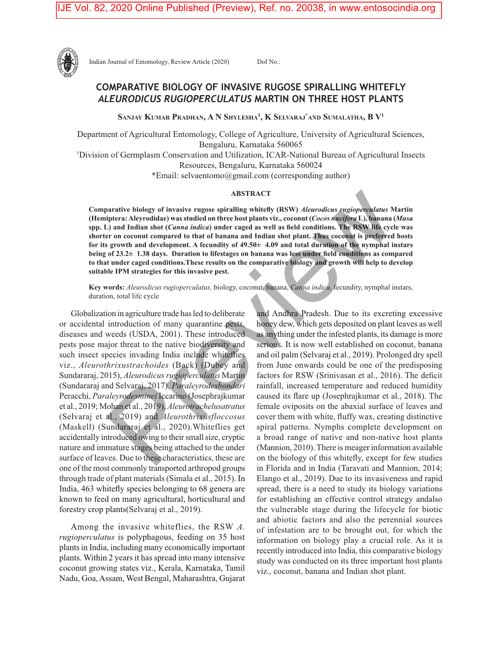 Comparative Biology of Invasive Rugose Spiralling Whitefly Aleurodicus Rugioperculatus Martin on Three Host Plants