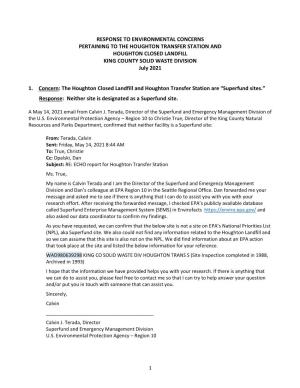 RESPONSE to ENVIRONMENTAL CONCERNS PERTAINING to the HOUGHTON TRANSFER STATION and HOUGHTON CLOSED LANDFILL KING COUNTY SOLID WASTE DIVISION July 2021