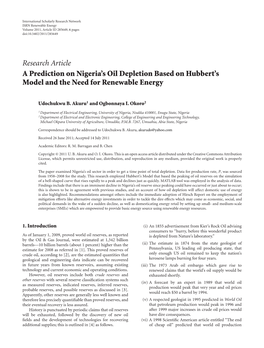 Research Article a Prediction on Nigeria's Oil Depletion Based on Hubbert's Model and the Need for Renewable Energy