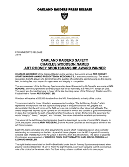 Oakland Raiders Safety Charles Woodson Named Art Rooney Sportsmanship Award Winner