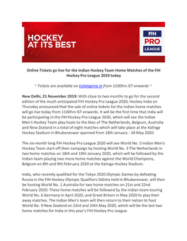 Online Tickets Go Live for the Indian Hockey Team Home Matches of the FIH Hockey Pro League 2020 Today