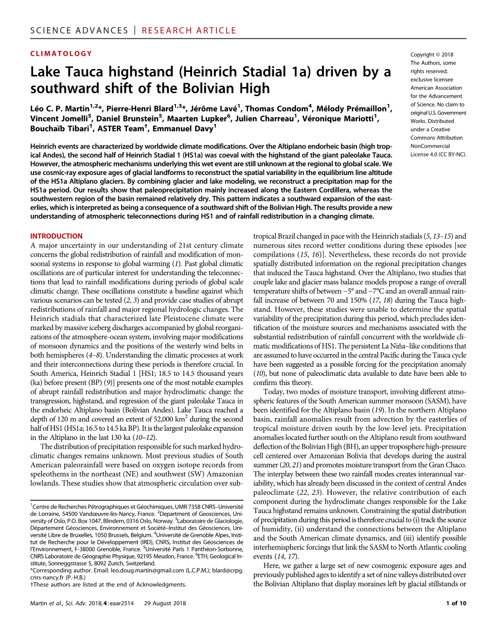 Lake Tauca Highstand (Heinrich Stadial 1A) Driven by a Southward Shift of the Bolivian High