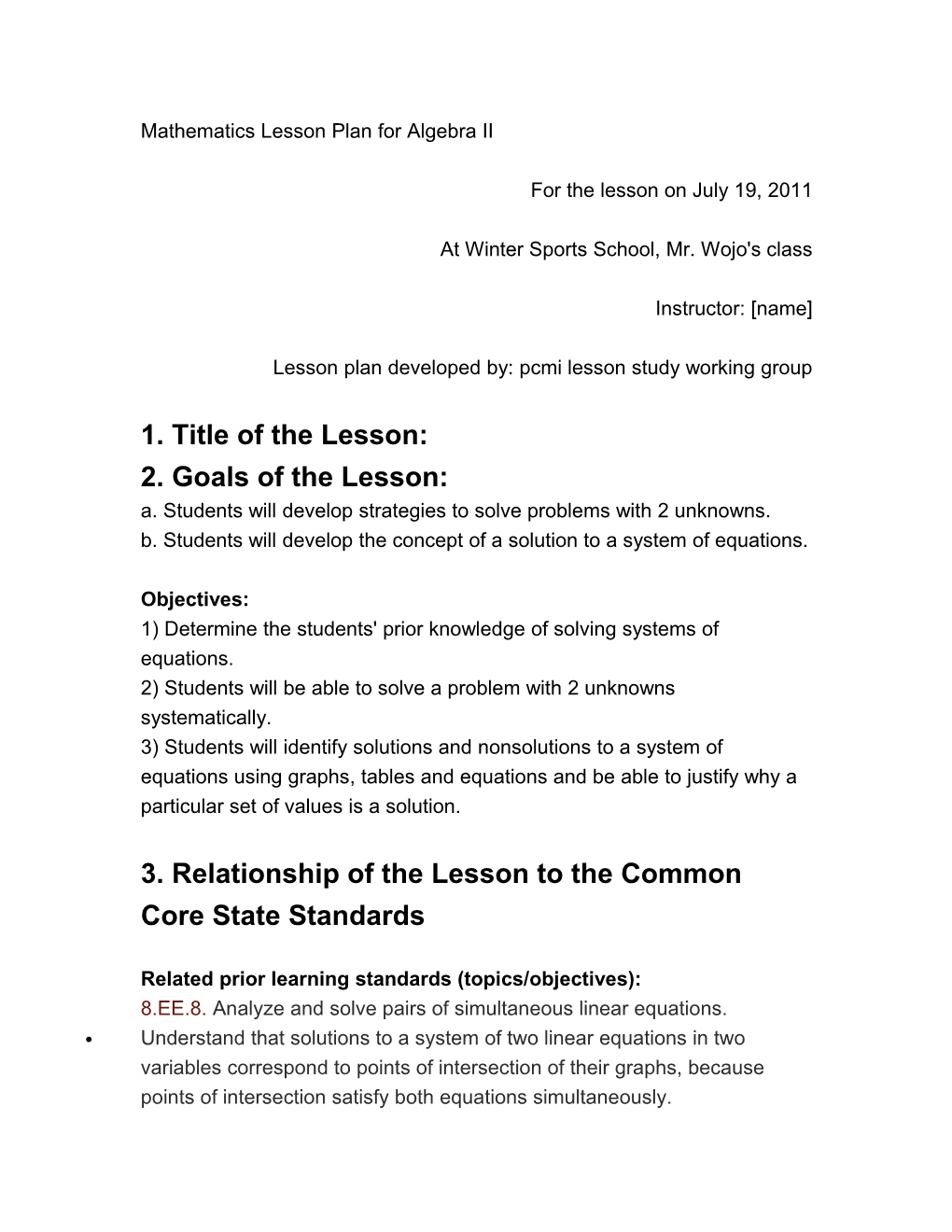 Mathematics Lesson Plan for Algebra II