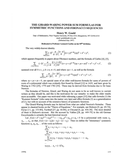 The Girard–Waring Power Sum Formulas for Symmetric Functions