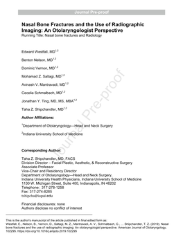 Nasal Bone Fractures and the Use of Radiographic Imaging: an Otolaryngologist Perspective Running Title: Nasal Bone Fractures and Radiology