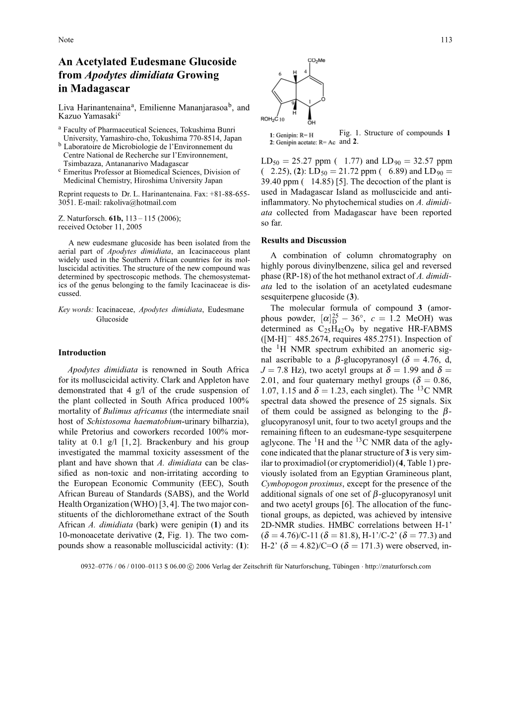 An Acetylated Eudesmane Glucoside from Apodytes Dimidiata Growing in Madagascar