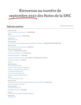 Bienvenue Au Numéro De Septembre 2020Des Notes De La