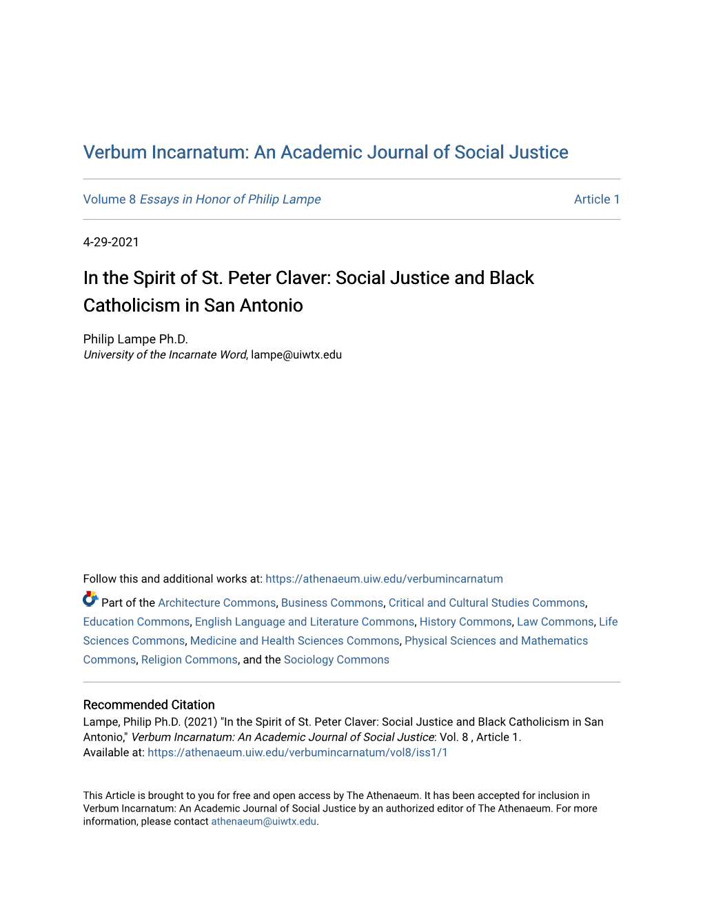 In the Spirit of St. Peter Claver: Social Justice and Black Catholicism in San Antonio