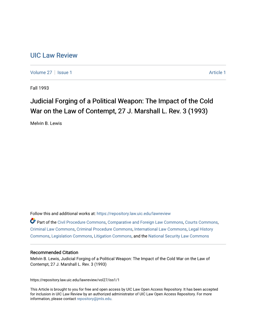 Judicial Forging of a Political Weapon: the Impact of the Cold War on the Law of Contempt, 27 J