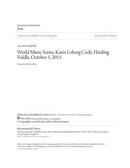 World Music Series, Karin Loberg Code, Harding Fiddle, October 5, 2015 Lawrence University