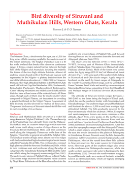Bird Diversity of Siruvani and Muthikulam Hills, Western Ghats, Kerala
