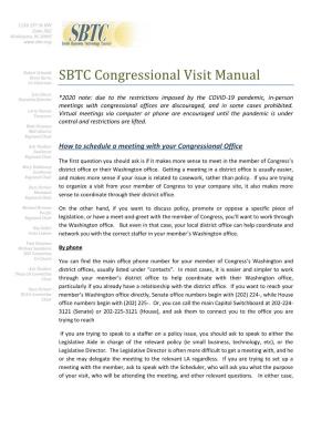 SBTC Congressional Visit Manual Treasurer Virtual Meetings Via Computer Or Phone Are Encouraged Until the Pandemic Is Under Control and Restrictions Are Lifted