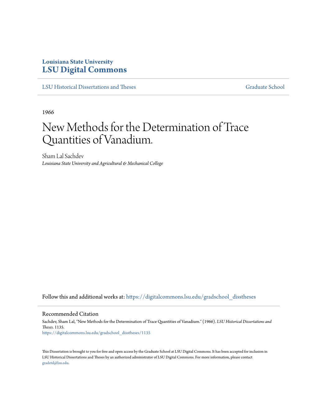 New Methods for the Determination of Trace Quantities of Vanadium. Sham Lal Sachdev Louisiana State University and Agricultural & Mechanical College