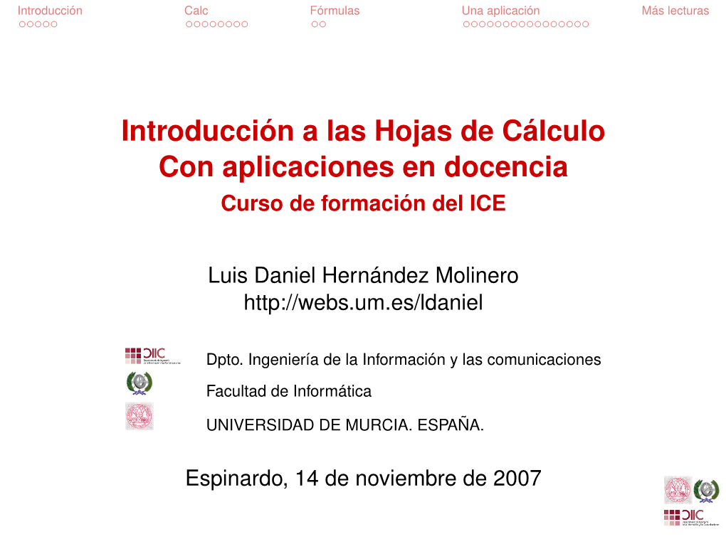 Introducción a Las Hojas De Cálculo Con Aplicaciones En Docencia Curso De Formación Del ICE