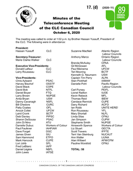 17. (D) Minutes of the Teleconference Meeting of the CLC Canadian Council