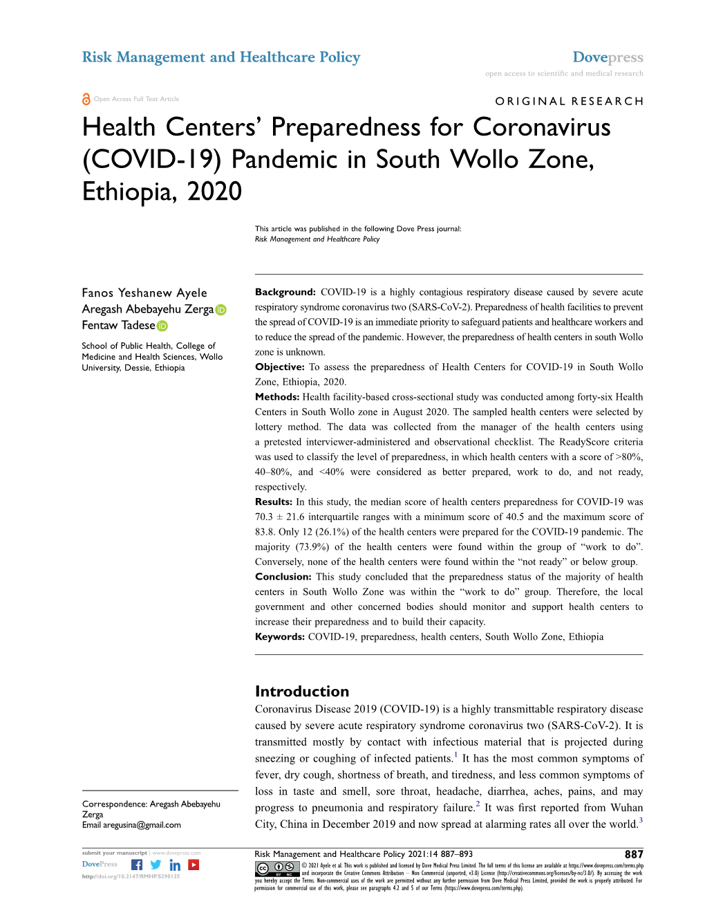 Health Centers' Preparedness for Coronavirus (COVID-19) Pandemic in South Wollo Zone, Ethiopia, 2020