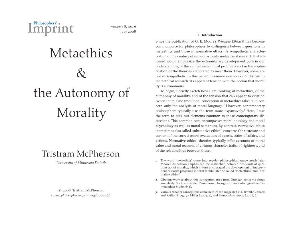 Metaethics and the Autonomy of Morality