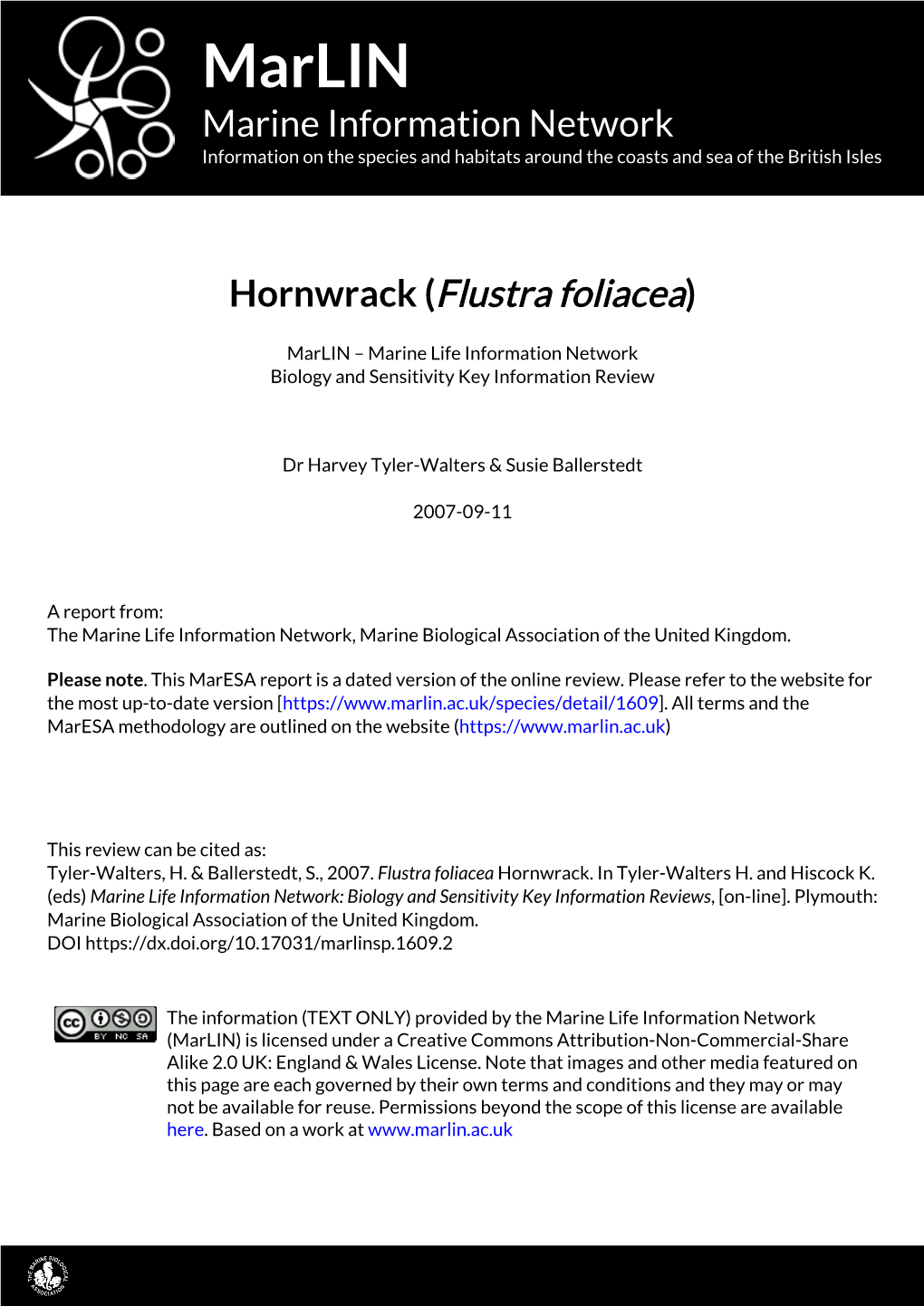 Marlin Marine Information Network Information on the Species and Habitats Around the Coasts and Sea of the British Isles