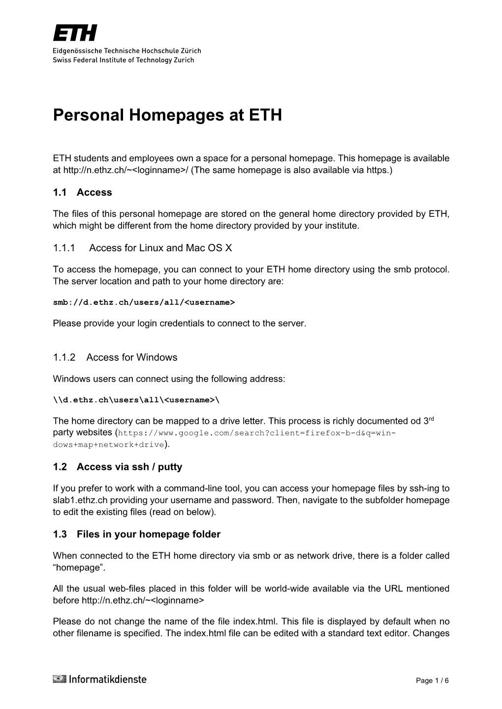 Personal Homepages at ETH