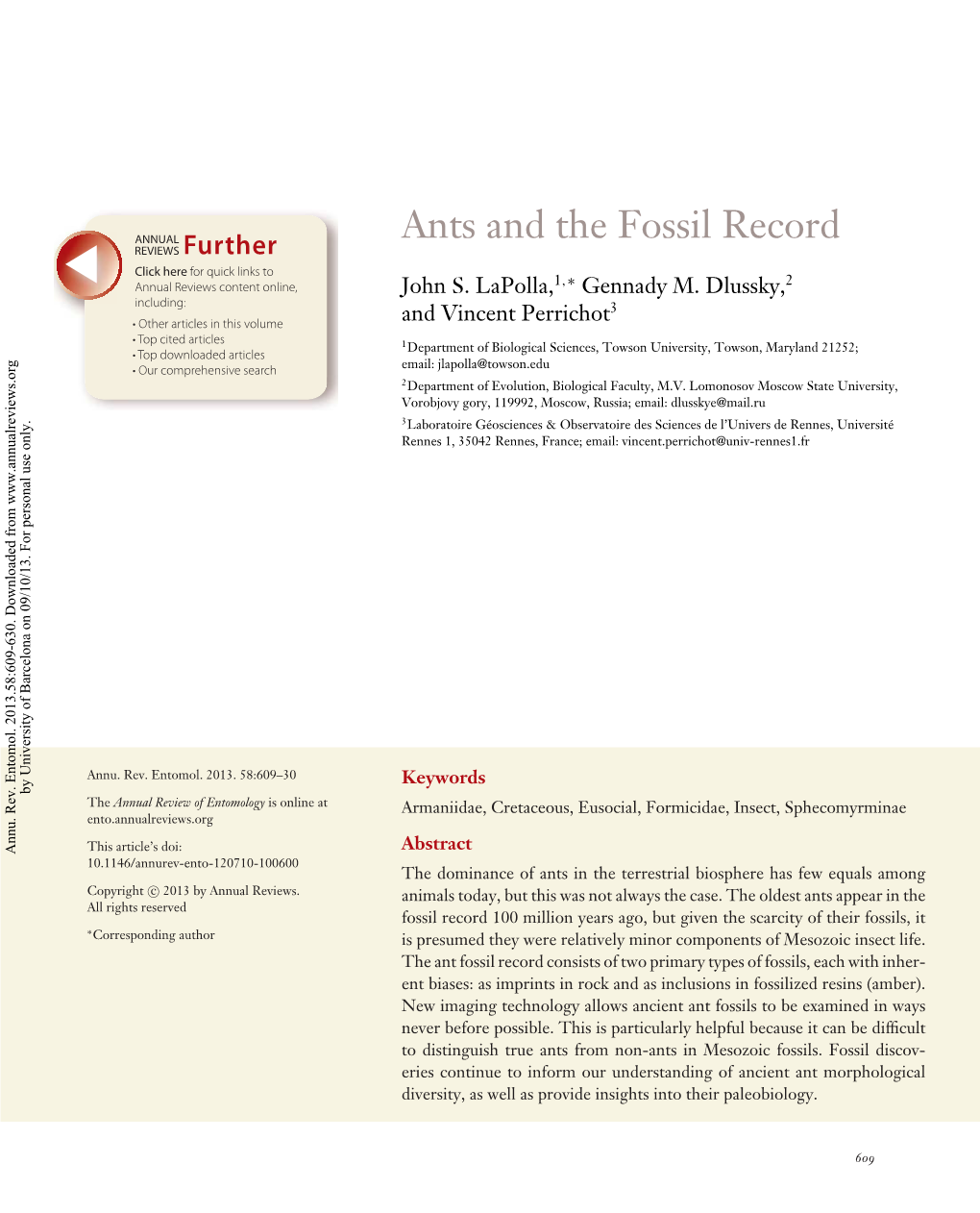 Ants and the Fossil Record