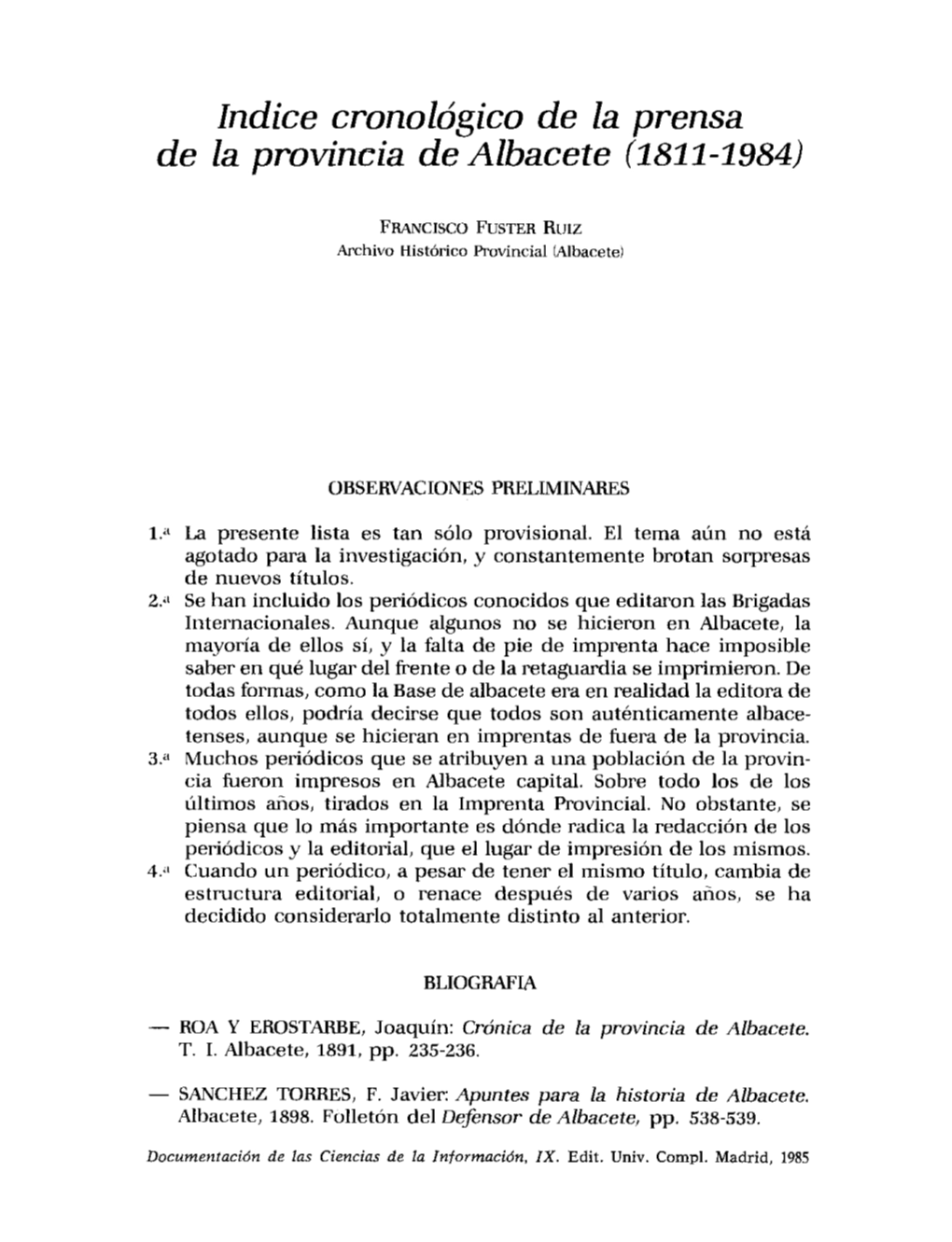 Indice Cronológico De La Prensa De La Provincia De Albacete (1811-1984)