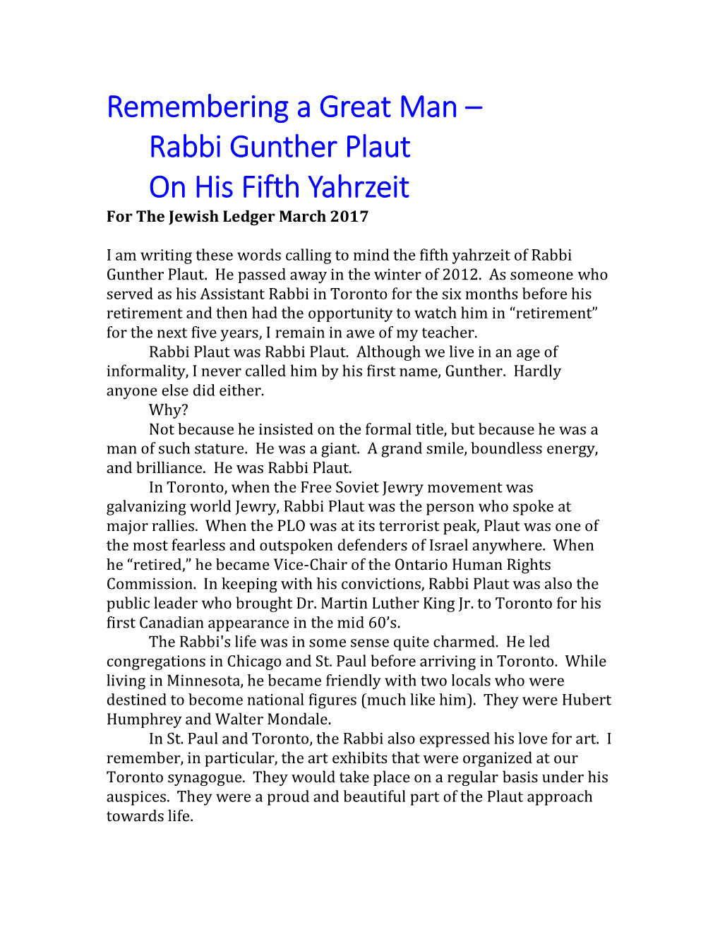 Remembering a Great Man – Rabbi Gunther Plaut on His Fifth Yahrzeit for the Jewish Ledger March 2017