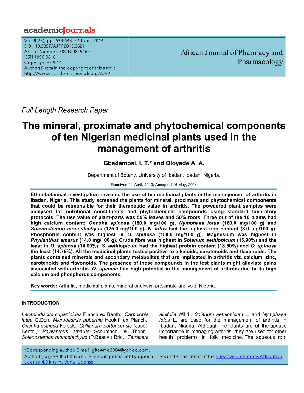 The Mineral, Proximate and Phytochemical Components of Ten Nigerian Medicinal Plants Used in the Management of Arthritis