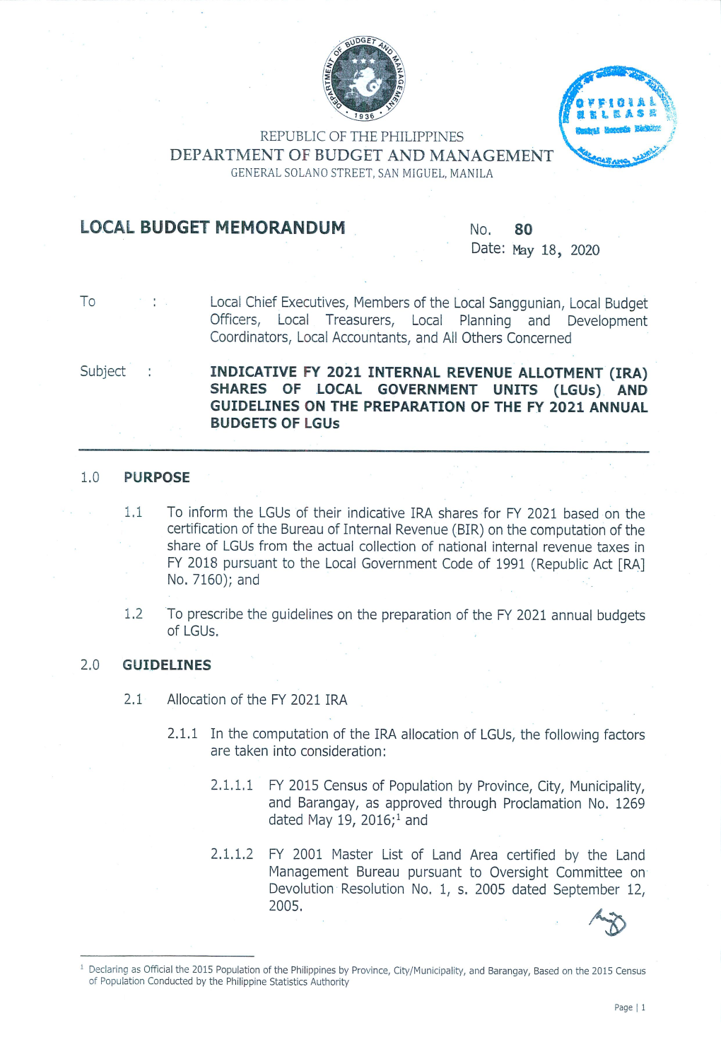 LOCAL BUDGET MEMORANDUM No, 80