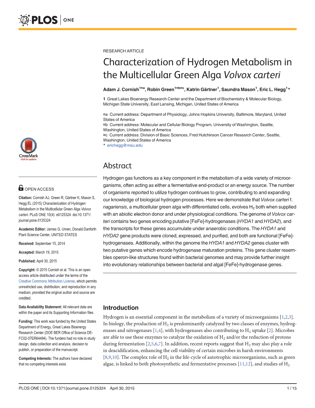 Characterization of Hydrogen Metabolism in the Multicellular Green Alga Volvox Carteri