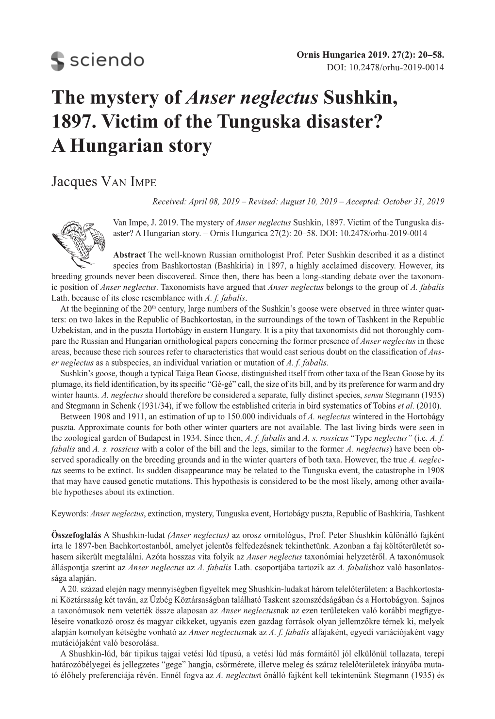 The Mystery of Anser Neglectus Sushkin, 1897. Victim of the Tunguska Disaster? a Hungarian Story