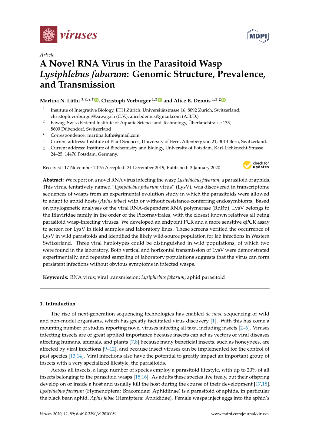 A Novel RNA Virus in the Parasitoid Wasp Lysiphlebus Fabarum: Genomic Structure, Prevalence, and Transmission