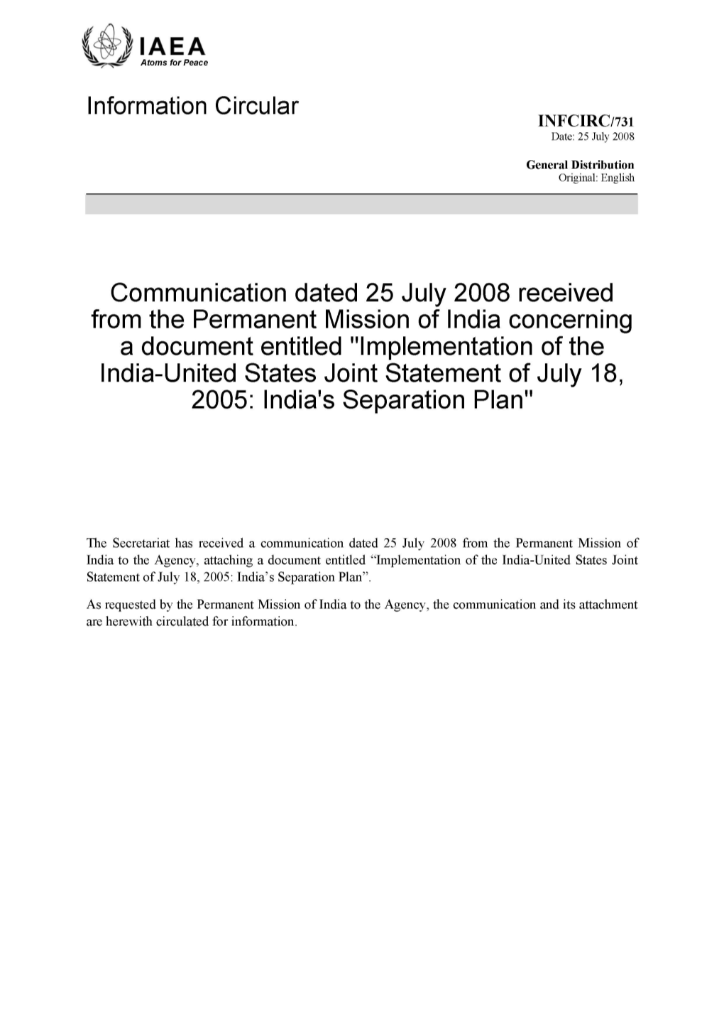 Communication Dated 26 September 2008, Copied to the Agency by the Permanent Mission of India Regarding the Middle