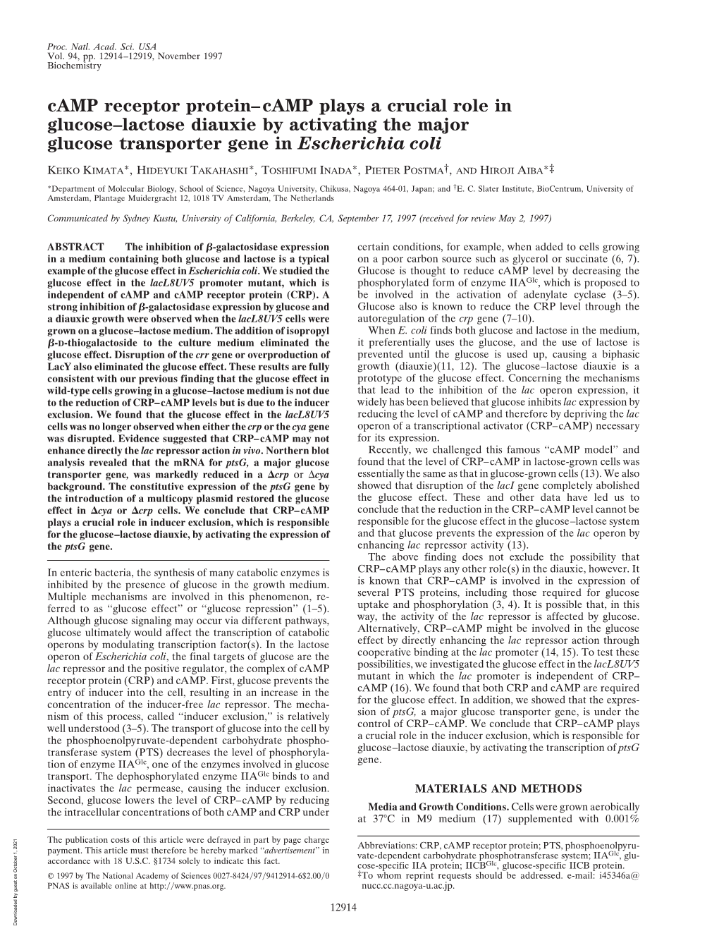 Camp Receptor Protein–Camp Plays a Crucial Role in Glucose–Lactose Diauxie by Activating the Major Glucose Transporter Gene in Escherichia Coli