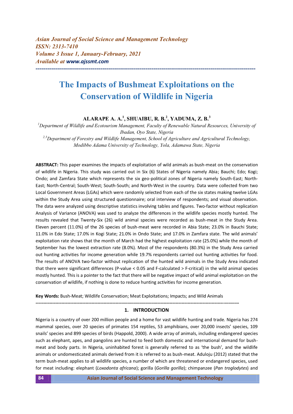 The Impacts of Bushmeat Exploitations on the Conservation of Wildlife in Nigeria