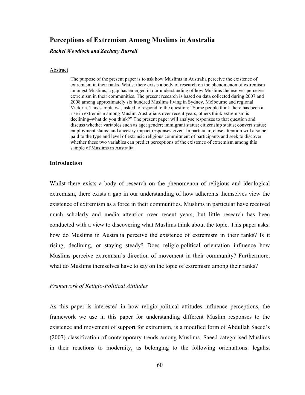 Perceptions of Extremism Among Muslims in Australia Rachel Woodlock and Zachary Russell