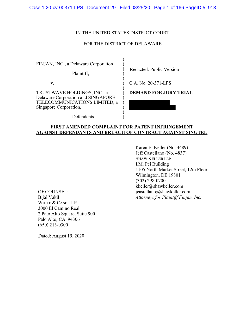 Case 1:20-Cv-00371-LPS Document 29 Filed 08/25/20 Page 1 of 166 Pageid #: 913