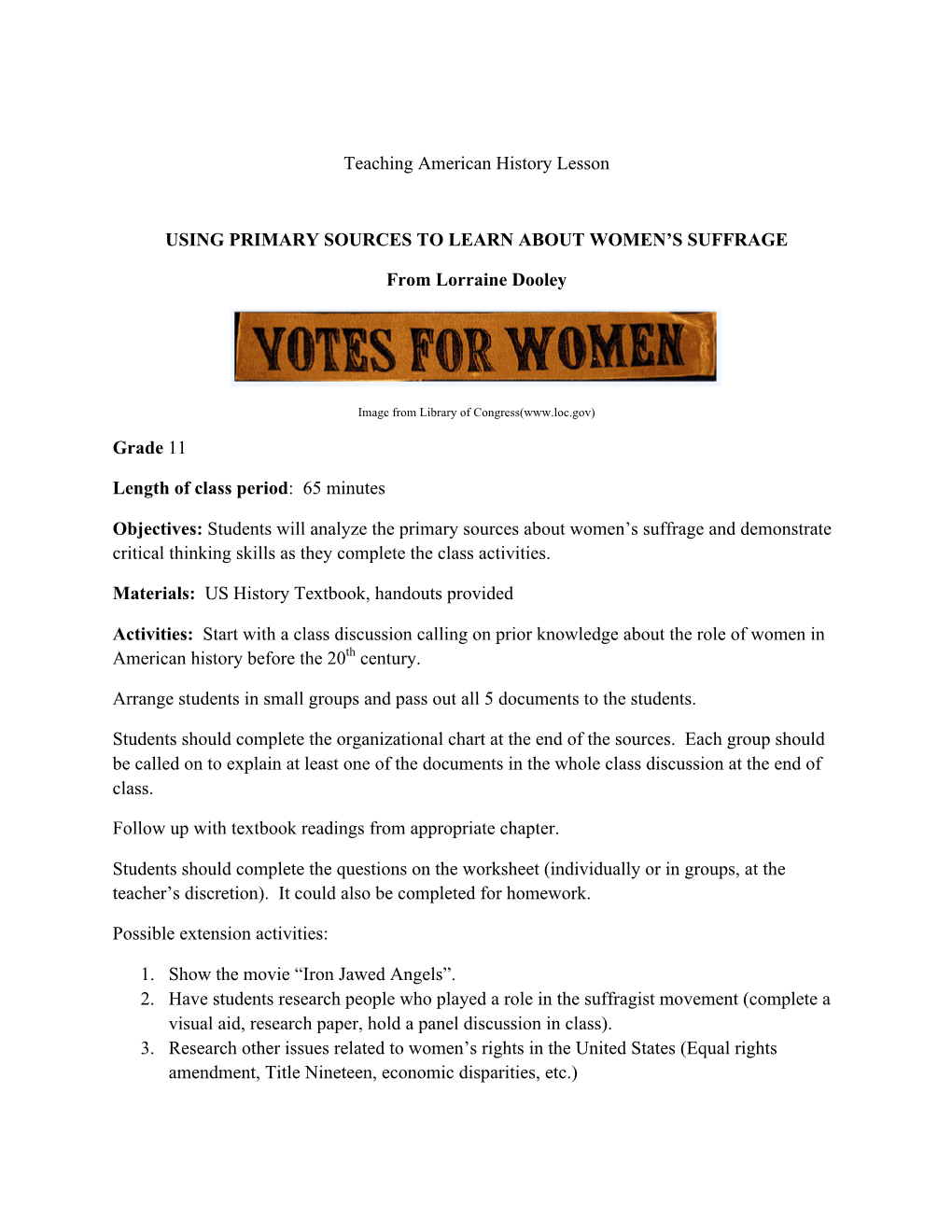 Women's Suffrage Lesson and Materials