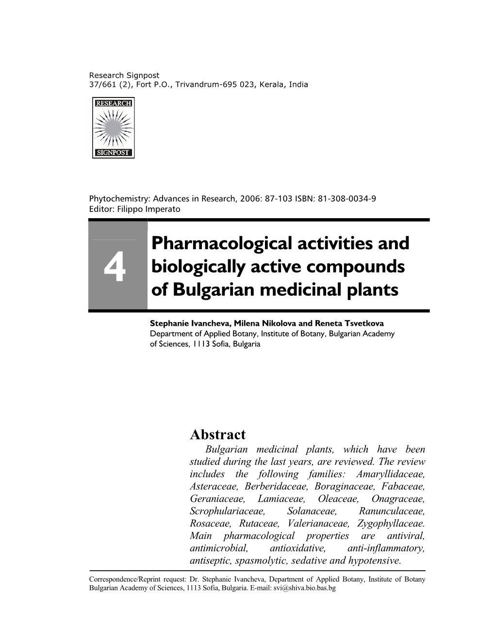Pharmacological Activities and Biologically Active Compounds Of