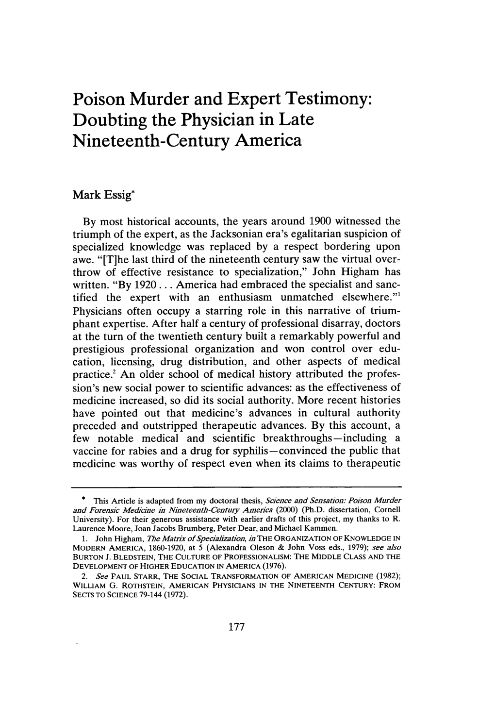 Poison Murder and Expert Testimony: Doubting the Physician in Late Nineteenth-Century America