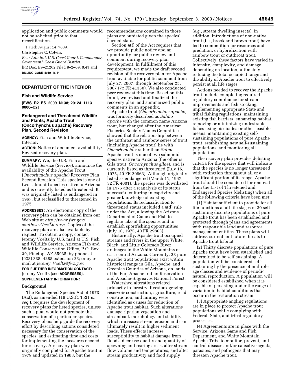 Federal Register/Vol. 74, No. 170/Thursday, September 3, 2009