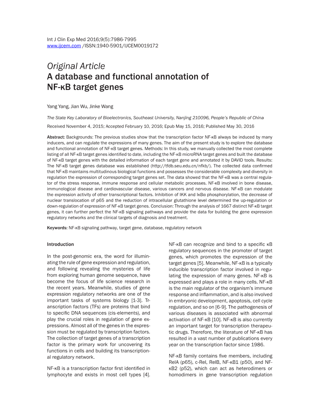 Original Article a Database and Functional Annotation of NF-Κb Target Genes