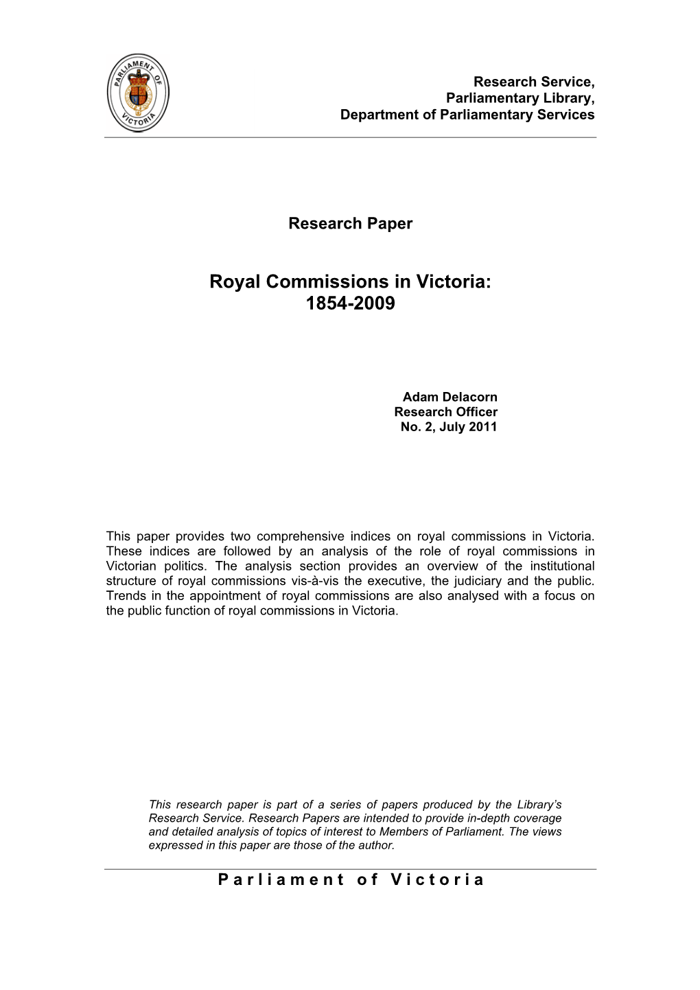 Royal Commissions in Victoria: 1854-2009