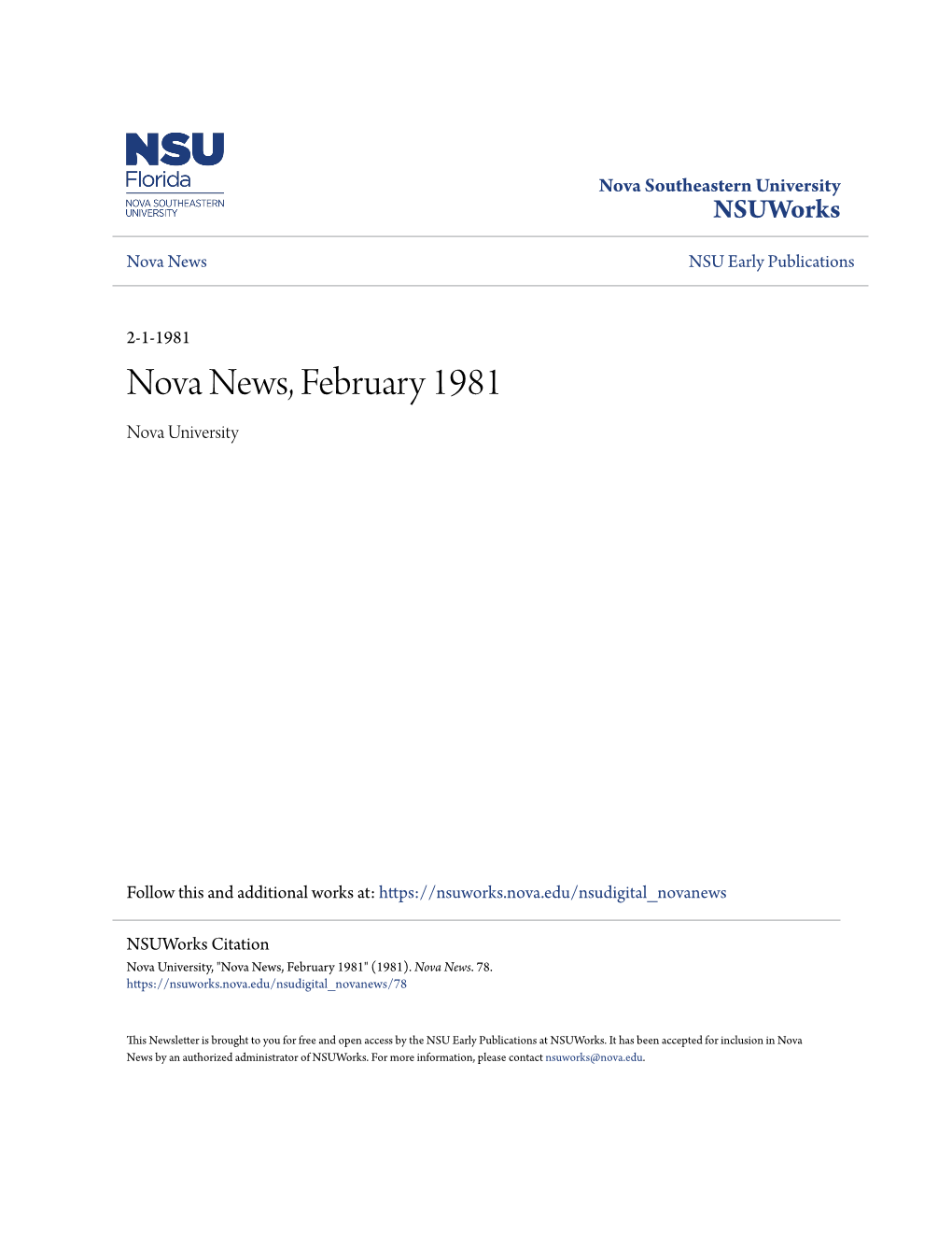 Nova News, February 1981 Nova University