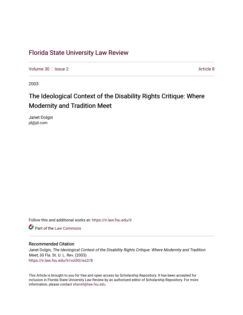 The Ideological Context of the Disability Rights Critique: Where Modernity and Tradition Meet