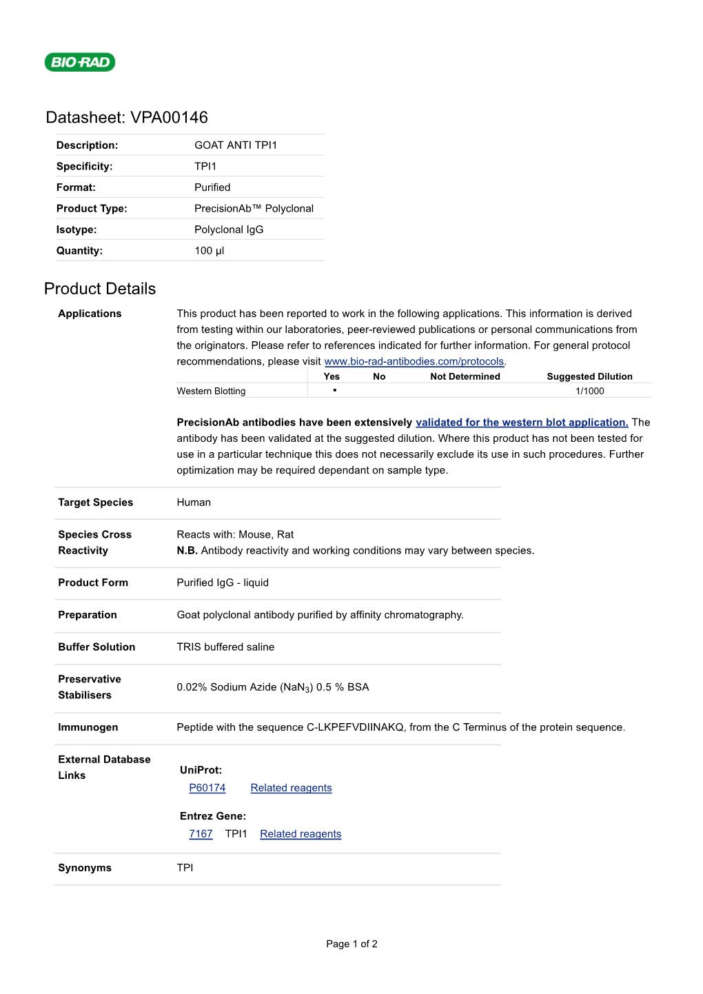 Datasheet: VPA00146 Product Details