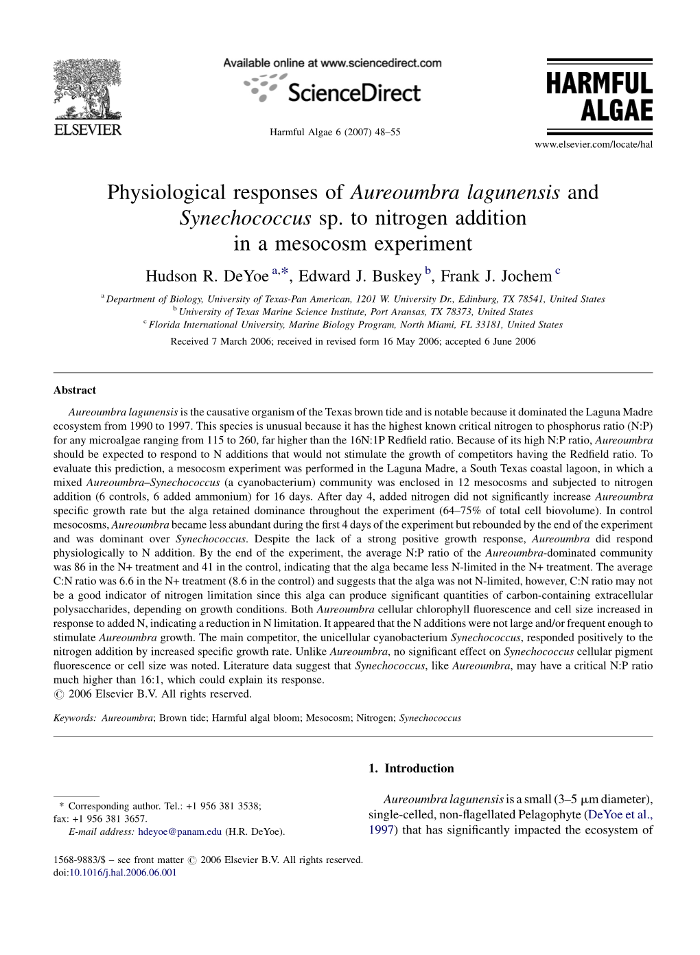 Physiological Responses of Aureoumbra Lagunensis and Synechococcus Sp
