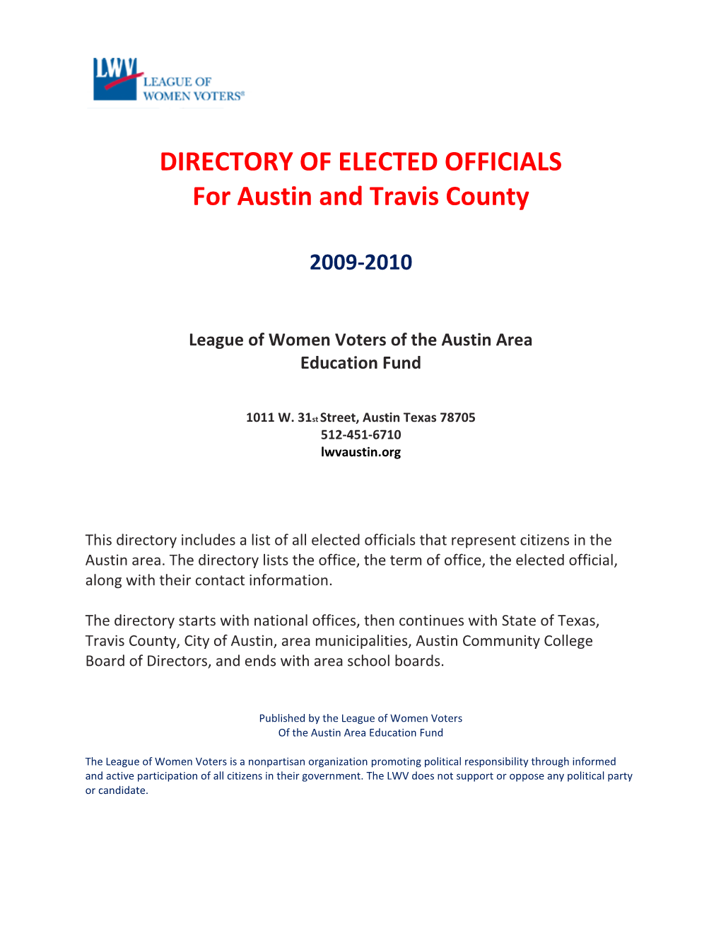 DIRECTORY of ELECTED OFFICIALS for Austin and Travis County