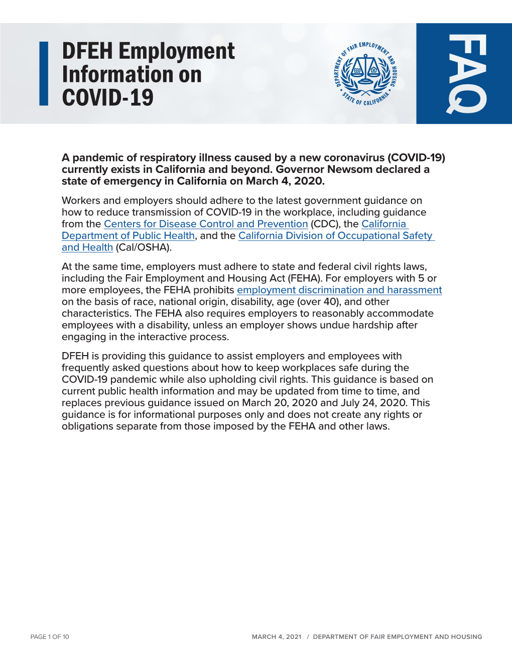 DFEH Employment Information on COVID-19 (Ca.Gov)